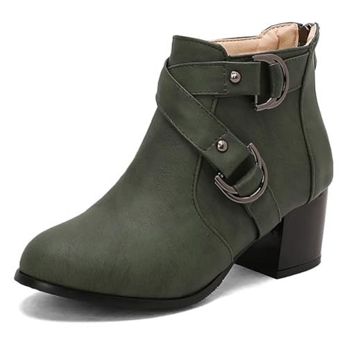 MiaZane Stiefeletten Damen Blockabsatz Metall Schnalle Runde Zehe Mode Kurze Stiefel Schnürung Reißverschluss Stiefel Stiefelette für Herbst & Winter Bürokleidung & Straßenstil,Grün,36 EU von MiaZane