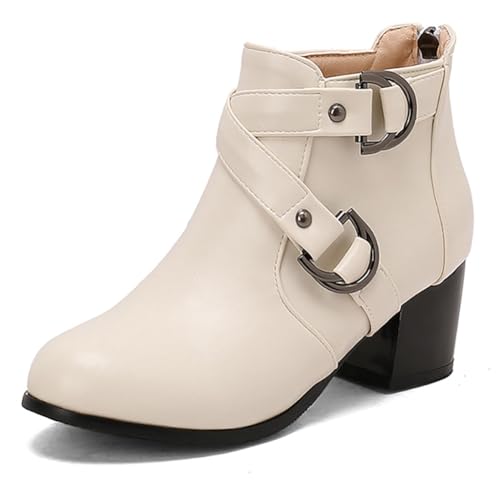 MiaZane Stiefeletten Damen Blockabsatz Metall Schnalle Runde Zehe Mode Kurze Stiefel Schnürung Reißverschluss Stiefel Stiefelette für Herbst & Winter Bürokleidung & Straßenstil,Weiß,49 EU von MiaZane