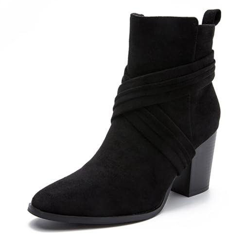 MiaZane Stiefeletten Damen Chunky Hoch Absatz Chelsea Spitze Zeh Wildleder Stiefel mit Seitlicher Reißverschluss Täglich Tanz Party Schuhe für Herbst & Winter Büro,Schwarz,37 EU von MiaZane