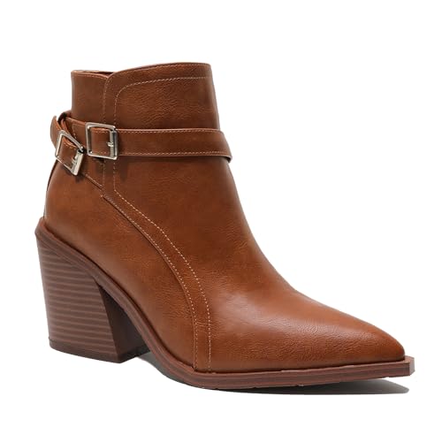 MiaZane Stiefeletten Damen Chunky Hoch Absatz Chelsea Stiefel Spitze Zeh Seitlicher Reißverschluss Casual Smart Party Schuhe für Büro & Herbst Winter Outfits,Braun,41 EU von MiaZane