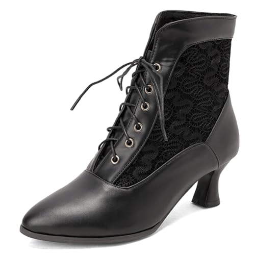 MiaZane Stiefeletten Damen Damen High Heels Viktorianische Stiefel Mode Schnürung Seitlicher Reißverschluss Hohe Schuhe Spitze Zeh Kitten Absatz Kurze Stiefel für Büro & Abendkleidung,Schwarz,36 EU von MiaZane