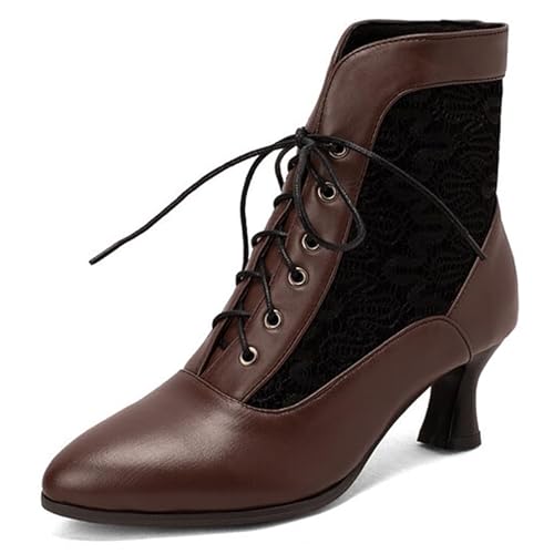 MiaZane Stiefeletten Damen Damen High Heels Viktorianische Stiefel Mode Schnürung Seitlicher Reißverschluss Hohe Schuhe Spitze Zeh Kitten Absatz Kurze Stiefel für Büro & Abendkleidung,Braun,35 EU von MiaZane