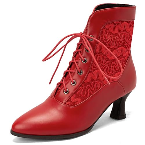 MiaZane Stiefeletten Damen Damen High Heels Viktorianische Stiefel Mode Schnürung Seitlicher Reißverschluss Hohe Schuhe Spitze Zeh Kitten Absatz Kurze Stiefel für Büro & Abendkleidung,Rot,46 EU von MiaZane