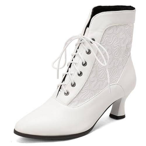 MiaZane Stiefeletten Damen Damen High Heels Viktorianische Stiefel Mode Schnürung Seitlicher Reißverschluss Hohe Schuhe Spitze Zeh Kitten Absatz Kurze Stiefel für Büro & Abendkleidung,Weiß,39 EU von MiaZane