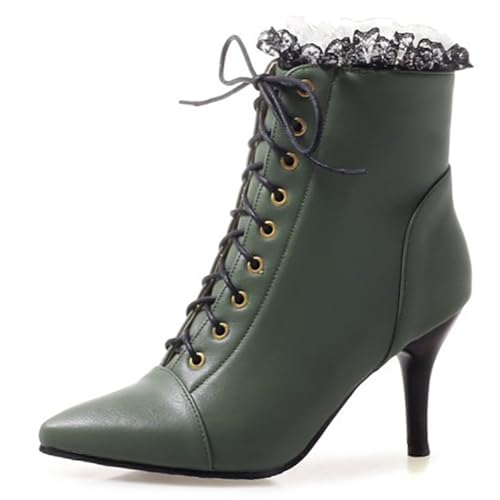 MiaZane Stiefeletten Damen Damen High Heels Viktorianische Stiefel Mode Schnürung Seitlicher Reißverschluss Hohe Schuhe Spitze Zeh Stiletto Absatz Kurze Stiefel für Herbst & Winter,Grün,39 EU von MiaZane