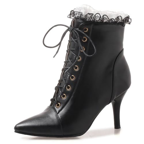 MiaZane Stiefeletten Damen Damen High Heels Viktorianische Stiefel Mode Schnürung Seitlicher Reißverschluss Hohe Schuhe Spitze Zeh Stiletto Absatz Kurze Stiefel für Herbst & Winter,Schwarz,34 EU von MiaZane
