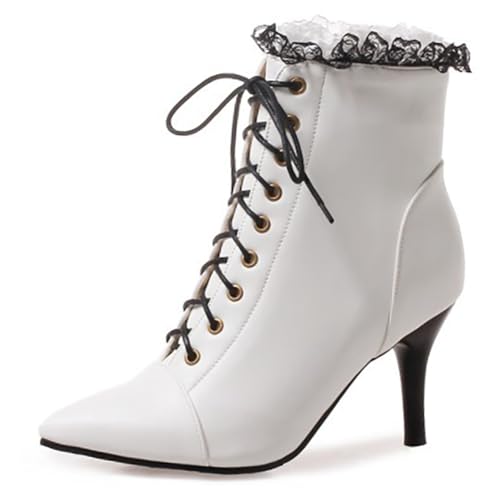 MiaZane Stiefeletten Damen Damen High Heels Viktorianische Stiefel Mode Schnürung Seitlicher Reißverschluss Hohe Schuhe Spitze Zeh Stiletto Absatz Kurze Stiefel für Herbst & Winter,Weiß,40 EU von MiaZane