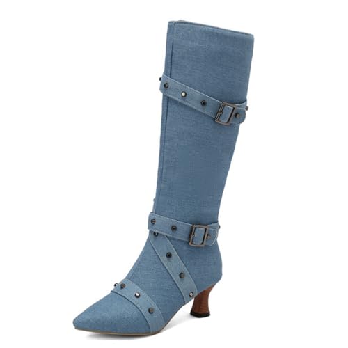 MiaZane Stiefeletten Damen Denim Mode Stiefeletten mit Riemen Spitze Zehen Seitlicher Reißverschluss Knöchelhoch Kitten Absatz für Winter und Abendoutfits Warm,Blau,48 EU von MiaZane