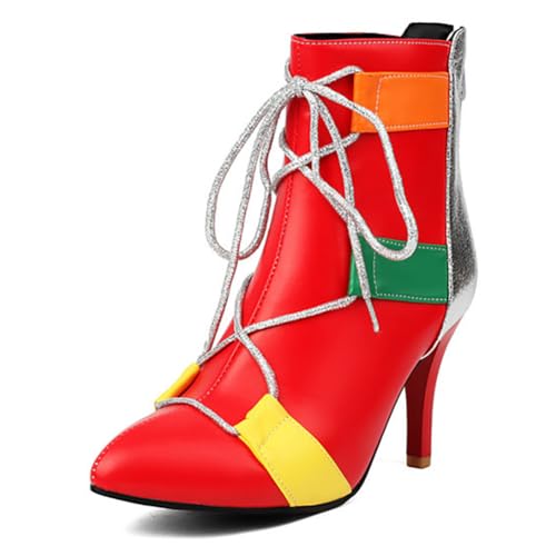 MiaZane Stiefeletten Damen Hoch Absatz Spitze Zeh Stiletto Absatz Schnürung Seitlicher Reißverschluss Color Block Kurze Modestiefel für Herbst & Winter Büro & Partykleidung,Rot,36 EU von MiaZane