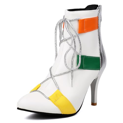 MiaZane Stiefeletten Damen Hoch Absatz Spitze Zeh Stiletto Absatz Schnürung Seitlicher Reißverschluss Color Block Kurze Modestiefel für Herbst & Winter Büro & Partykleidung,Weiß,46 EU von MiaZane