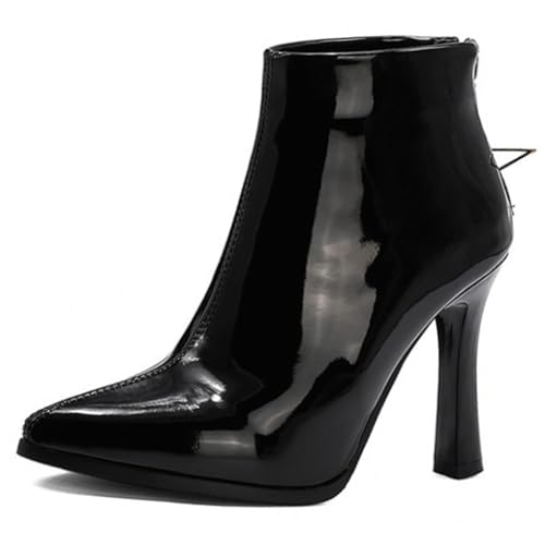 MiaZane Stiefeletten Damen Hoch Absatz Stiletto Spitze Zeh Wasserdicht Lackleder Mode Stiefelette Kleid Seitlicher Reißverschluss für Herbst & Winter Bürokleidung,Schwarz,42 EU von MiaZane
