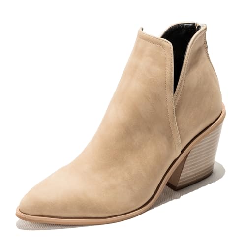 MiaZane Stiefeletten Damen Klobiger Absatz Spitze Zeh Chelsea Stiefel Wasserdicht Schlupf Hinten Reißverschluss für Herbst & Winter Büro & Abendkleidung Atmungsaktiv,Almond,42 EU von MiaZane