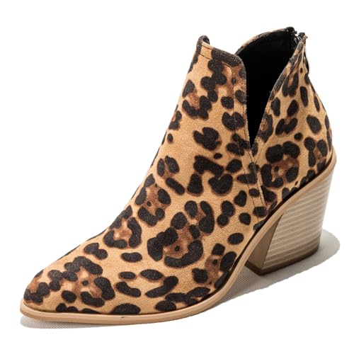 MiaZane Stiefeletten Damen Klobiger Absatz Spitze Zeh Chelsea Stiefel Wasserdicht Schlupf Hinten Reißverschluss für Herbst & Winter Büro & Abendkleidung Atmungsaktiv,Leopard,38 EU von MiaZane