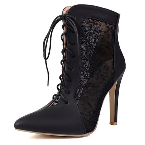 MiaZane Stiefeletten Damen Stiletto Absatz Mesh Einsatz Spitze Zeh Schnürung Mode Stiefelette für Sommerabend & Cocktail Party,Schwarz,39 EU von MiaZane