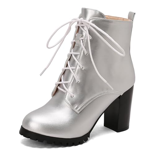MiaZane Stiefeletten Kampfstiefel mit Schnürung Damen Plateau Knöchel Klobiger Blockabsatz Schnürung Runde Zehe Mode Kurze Stiefel für Bürokleidung & Straßenstil,Silber,49 EU von MiaZane