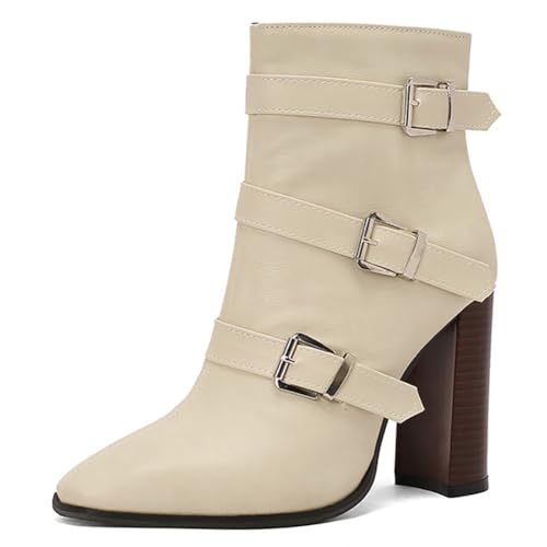MiaZane Stiefeletten Mode Damen mit Dicken Blockabsatz Riemen mit Dornverschluss Spitze Zehen Kurze Stiefel für Herbst und Winter Streetwear Atmungsaktiv PU Leder,Beige,34 EU von MiaZane