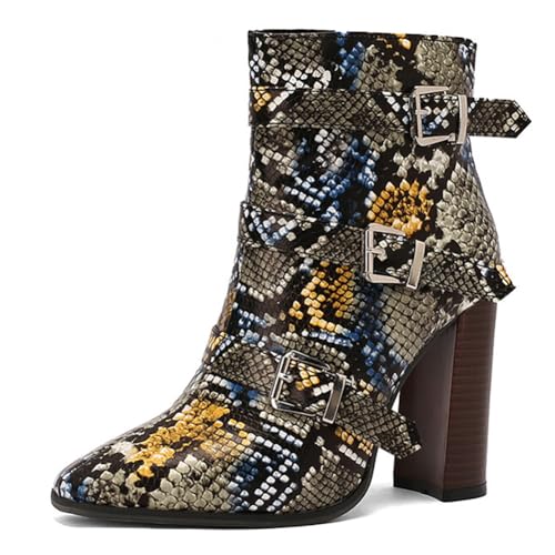MiaZane Stiefeletten Mode Damen mit Dicken Blockabsatz Riemen mit Dornverschluss Spitze Zehen Kurze Stiefel für Herbst und Winter Streetwear Atmungsaktiv PU Leder,Bunt,44 EU von MiaZane