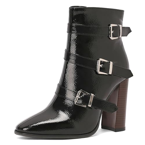 MiaZane Stiefeletten Mode Damen mit Dicken Blockabsatz Riemen mit Dornverschluss Spitze Zehen Kurze Stiefel für Herbst und Winter Streetwear Atmungsaktiv PU Leder,Schwarz,39 EU von MiaZane