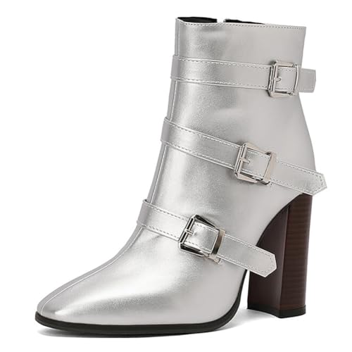 MiaZane Stiefeletten Mode Damen mit Dicken Blockabsatz Riemen mit Dornverschluss Spitze Zehen Kurze Stiefel für Herbst und Winter Streetwear Atmungsaktiv PU Leder,Silber,41 EU von MiaZane