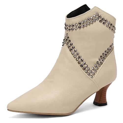 MiaZane Stiefeletten Mode Damen mit Kitten Absatz Nieten Kurze Stiefel Spitze Zehen Reißverschluss Ball Party Abendkleid Stiefeletten für Herbst und Winter Cocktail Empfang,Beige,44 EU von MiaZane