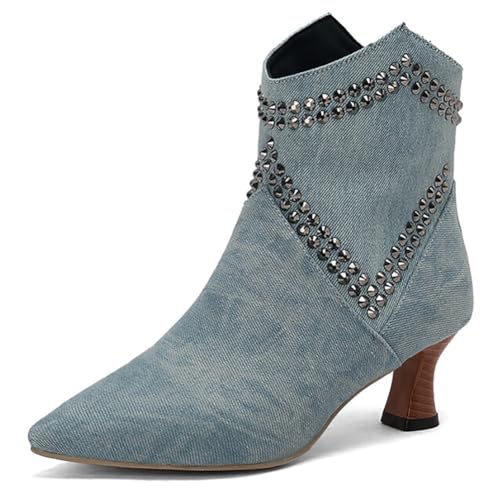 MiaZane Stiefeletten Mode Damen mit Kitten Absatz Nieten Kurze Stiefel Spitze Zehen Reißverschluss Ball Party Abendkleid Stiefeletten für Herbst und Winter Cocktail Empfang,Blau,40 EU von MiaZane