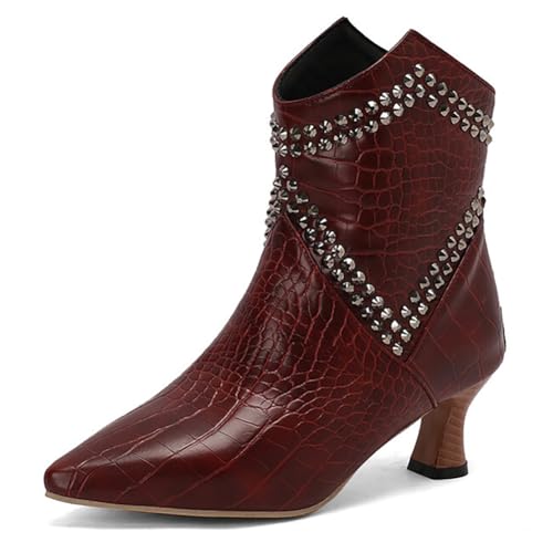 MiaZane Stiefeletten Mode Damen mit Kitten Absatz Nieten Kurze Stiefel Spitze Zehen Reißverschluss Ball Party Abendkleid Stiefeletten für Herbst und Winter Cocktail Empfang,Burgundy,46 EU von MiaZane