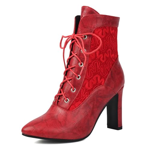 MiaZane Victorian Stiefeletten Mit Schnürung Für Frauen Abgerundete Zehe Hoher Absatz Dicke Stiefel Für Herbst Und Winter Casual Tragen Mikrofaser Gummisohle,Rot,39 EU von MiaZane