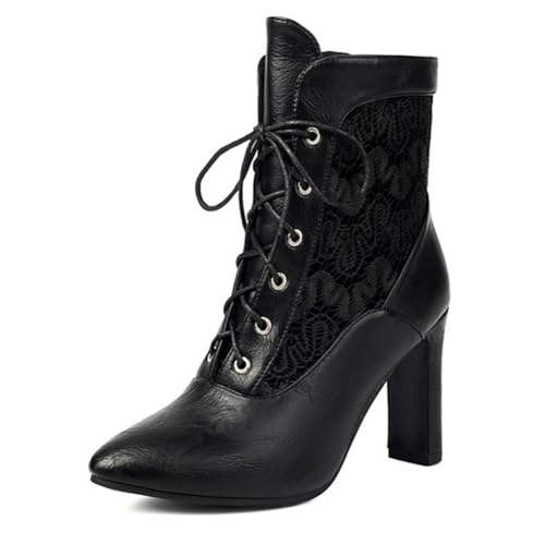 MiaZane Victorian Stiefeletten Mit Schnürung Für Frauen Abgerundete Zehe Hoher Absatz Dicke Stiefel Für Herbst Und Winter Casual Tragen Mikrofaser Gummisohle,Schwarz,37 EU von MiaZane