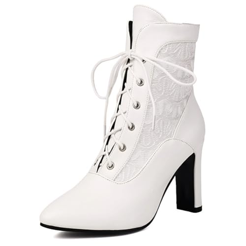MiaZane Victorian Stiefeletten Mit Schnürung Für Frauen Abgerundete Zehe Hoher Absatz Dicke Stiefel Für Herbst Und Winter Casual Tragen Mikrofaser Gummisohle,Weiß,42 EU von MiaZane