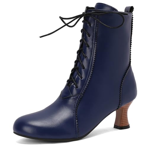 MiaZane Victorianische Stiefeletten Damen mit Schnürung Runde Zehe Kitten Absatz Vintage Stiefeletten mit Seitlichem Reißverschluss für Herbst und Winter Streetwear,Blau,37 EU von MiaZane