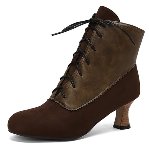 MiaZane Victorianische Stiefeletten Damen mit Schnürung Stiefeletten mit Seitlichem Reißverschluss Dicker Blockabsatz Runde Zehe Mittlerer Absatz Kurze Stiefel Herbst und Winter,Braun,39 EU von MiaZane