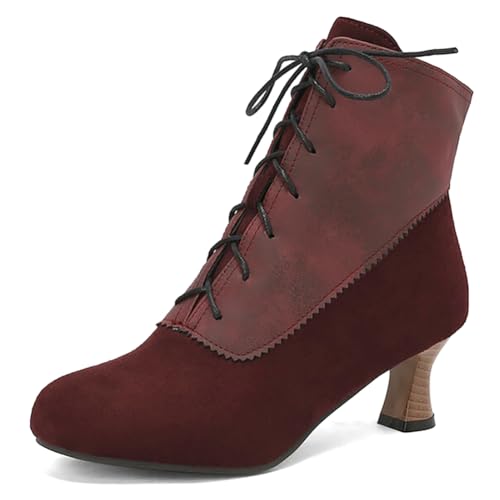 MiaZane Victorianische Stiefeletten Damen mit Schnürung Stiefeletten mit Seitlichem Reißverschluss Dicker Blockabsatz Runde Zehe Mittlerer Absatz Kurze Stiefel Herbst und Winter,Burgundy,44 EU von MiaZane