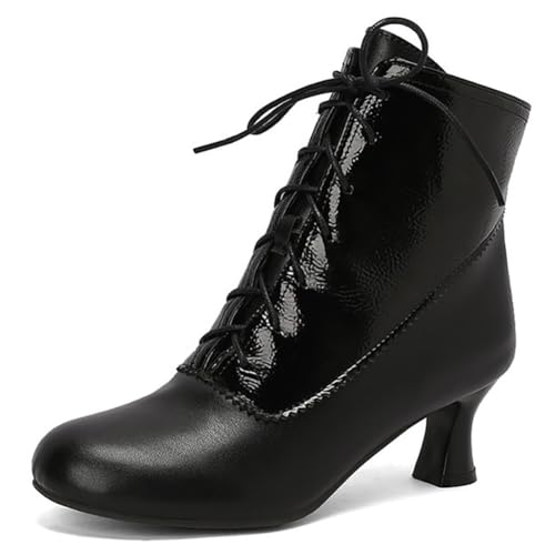 MiaZane Victorianische Stiefeletten Damen mit Schnürung Stiefeletten mit Seitlichem Reißverschluss Dicker Blockabsatz Runde Zehe Mittlerer Absatz Kurze Stiefel Herbst und Winter,Schwarz,36 EU von MiaZane