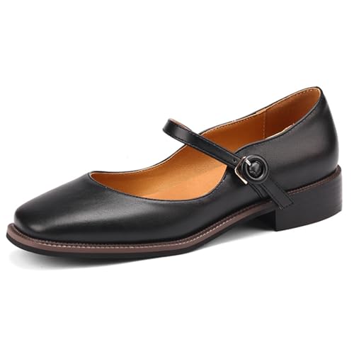 MiaZane Vintage Mary Jane Flats mit quadratischer Zehenpartie – niedriger Absatz – Schnallenverschluss – PU-Leder – Schwarz/Braun – perfekt für den Alltag,Schwarz,39 EU von MiaZane