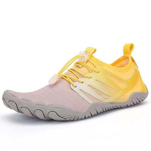 MiaZane Wasserschuhe Schnell Trocknende Atmungsaktive Mesh-Aqua-Turnschuhe Mit Drainage Für Frauen Männer Löcher Klettverschluss Schwimmen & Strand Waten Anti-Rutsch-Sohle,A023yellow,35 EU von MiaZane