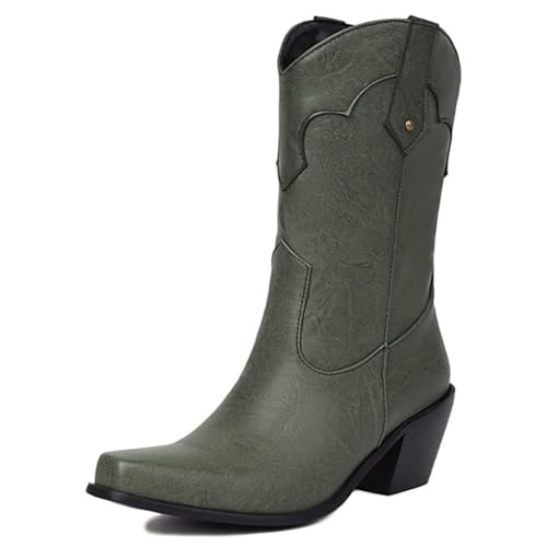MiaZane Western Cowboy Stiefel Für Damen Mid-Calf Einfacher Blockabsatz Quadratische Spitze Knöchelstiefel Für Freizeit Und Streetwear Weite Größe,Grün,37 EU von MiaZane