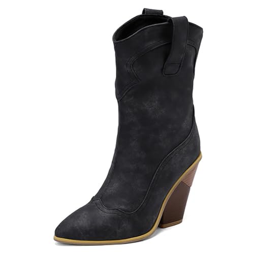 MiaZane Western Stiefel Damen Wasserdicht Cowboy Cowgirl Schlupf Mid Calf Stiefel Stilvoll und Schön Abendschuhe Party für Lockerer Ausgang & Abendkleidung,Schwarz,41 EU von MiaZane