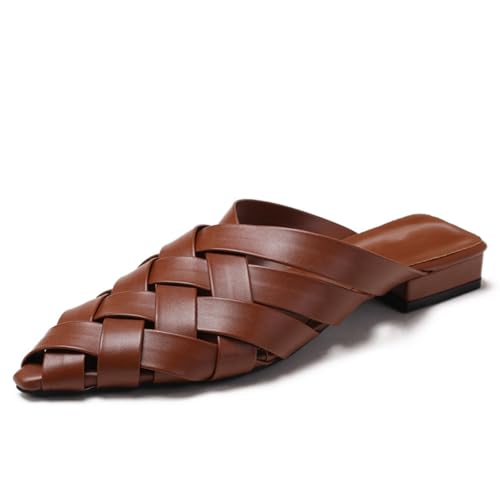 Mules Sandalen Damen Clogs Sommer Mit Flachen Blockabsatz Gewebte Spitze Zehe Für Pendeln Und Stadtspaziergänge Atmungsaktiv rutschfest,Braun,43 EU von MiaZane