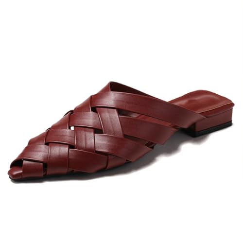 Mules Sandalen Damen Clogs Sommer Mit Flachen Blockabsatz Gewebte Spitze Zehe Für Pendeln Und Stadtspaziergänge Atmungsaktiv rutschfest,Burgundy,39 EU von MiaZane