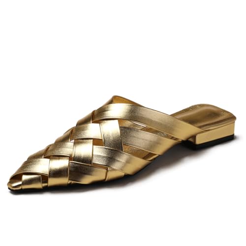 Mules Sandalen Damen Clogs Sommer Mit Flachen Blockabsatz Gewebte Spitze Zehe Für Pendeln Und Stadtspaziergänge Atmungsaktiv rutschfest,Gold,40 EU von MiaZane