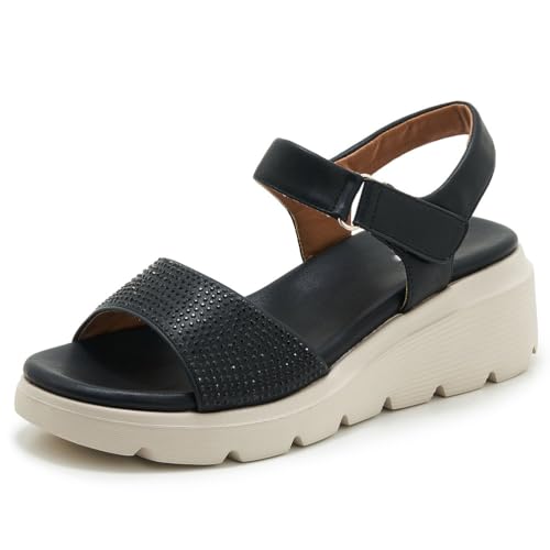 Plateau Sandalen Für Damen Keilabsatz Mit Strass Riemchen Strand Sandalen Mit Knöchelriemen Lässige Schicke Sommerschuhe Für Reisen Und Tägliches Gehen,Schwarz,36 EU von MiaZane
