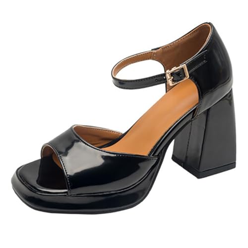 Plateform Sandalen Damen Mit Blockabsatz Dicker Absatz Offene Zehen Knöchelriemen Abendsandalen Pumps Für Sommerliche Spaziergänge & Abendliche Ausflüge,Schwarz,43 EU von MiaZane