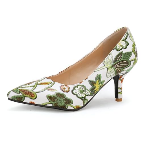 Pumps Damen Kitten Absatz Spitze Zehe Schlupfschuhe Blumen Elegante Stilettos Klassische Hochzeitsschuhe Für Frühling & Herbst,Grün,37 EU von MiaZane