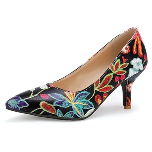 Pumps Damen Kitten Absatz Spitze Zehe Schlupfschuhe Blumen Elegante Stilettos Klassische Hochzeitsschuhe Für Frühling & Herbst,Schwarz,45 EU von MiaZane