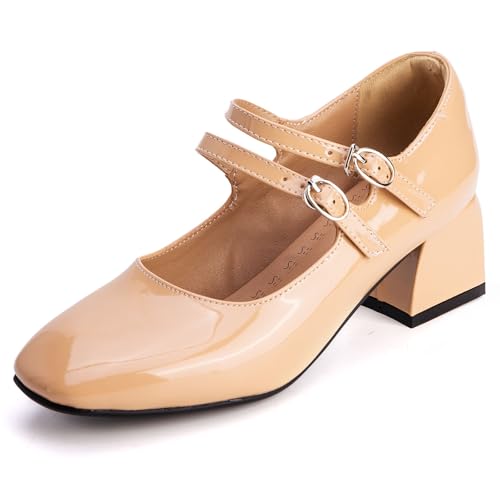 Pumps Damen Mary Jane Blockabsatz Doppelriemen Lackleder Pumps Quadratspitze Abendschuhe Für Büro Und Tägliches Tragen Weich Bequem,Apricot,39 EU von MiaZane