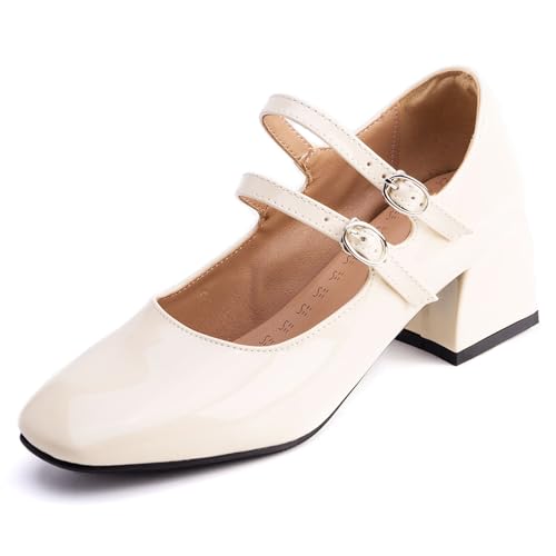 Pumps Damen Mary Jane Blockabsatz Doppelriemen Lackleder Pumps Quadratspitze Abendschuhe Für Büro Und Tägliches Tragen Weich Bequem,Beige,39 EU von MiaZane