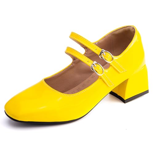 Pumps Damen Mary Jane Blockabsatz Doppelriemen Lackleder Pumps Quadratspitze Abendschuhe Für Büro Und Tägliches Tragen Weich Bequem,Gelb,38 EU von MiaZane