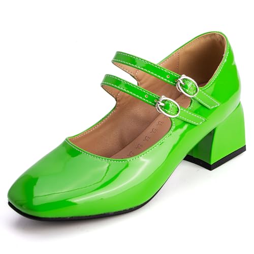 Pumps Damen Mary Jane Blockabsatz Doppelriemen Lackleder Pumps Quadratspitze Abendschuhe Für Büro Und Tägliches Tragen Weich Bequem,Grün,45 EU von MiaZane
