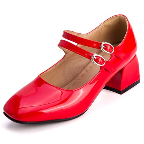 Pumps Damen Mary Jane Blockabsatz Doppelriemen Lackleder Pumps Quadratspitze Abendschuhe Für Büro Und Tägliches Tragen Weich Bequem,Rot,48 EU von MiaZane