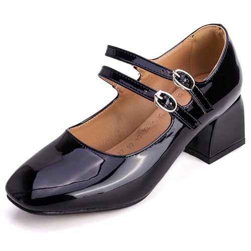 Pumps Damen Mary Jane Blockabsatz Doppelriemen Lackleder Pumps Quadratspitze Abendschuhe Für Büro Und Tägliches Tragen Weich Bequem,Schwarz,38 EU von MiaZane